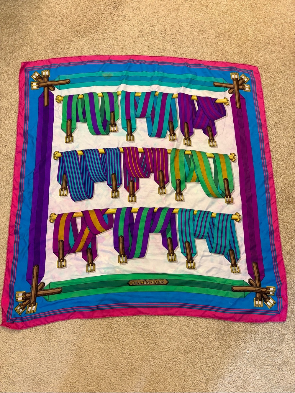Vintage Hermes Paris Les Sangles 100% Silk Scarf Flawed Color Bleed 90cm